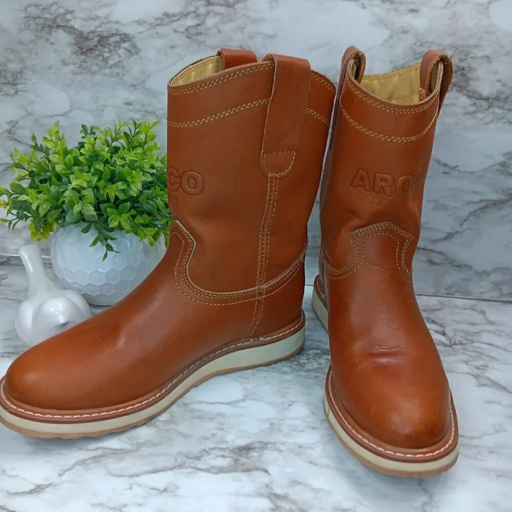 ARCO MEN'S WORK BOOTS ROUND TOE GENUINE LEATHER PULL ON SOFT TOE LIGHT BROWN 7